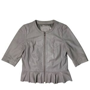 My Tribe Peplum Ruffle Leather‎ Jacket Grey Beige Women’s Size Medium NWT